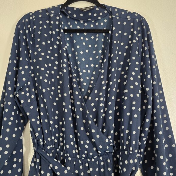 City Chic Polka Dot Dress Women Size 16 Blue Long Sleeve Tie Waist V Neck Party - Picture 2 of 10